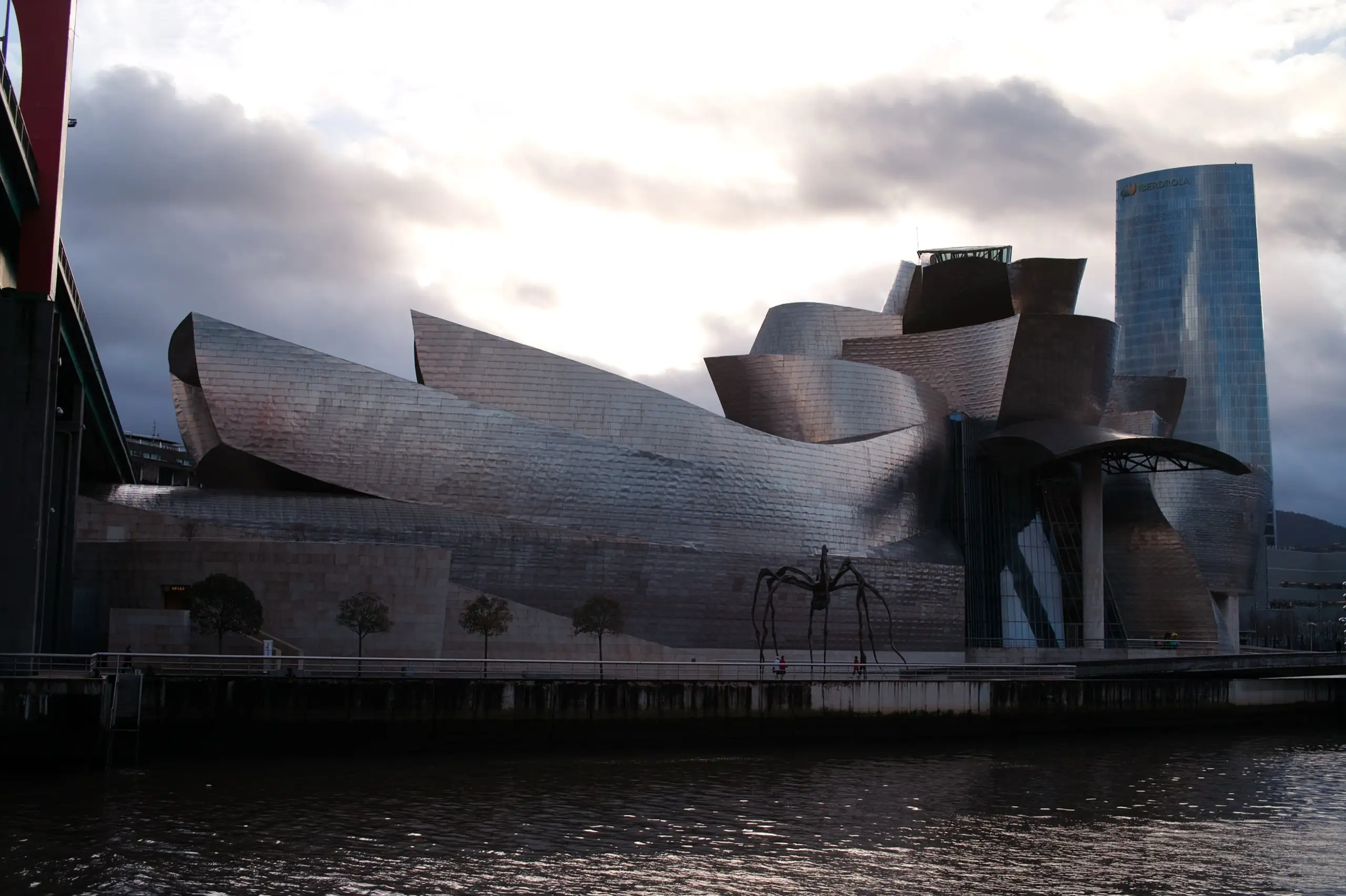 The Guggenheim museum on the Bilbao estuary at dusk