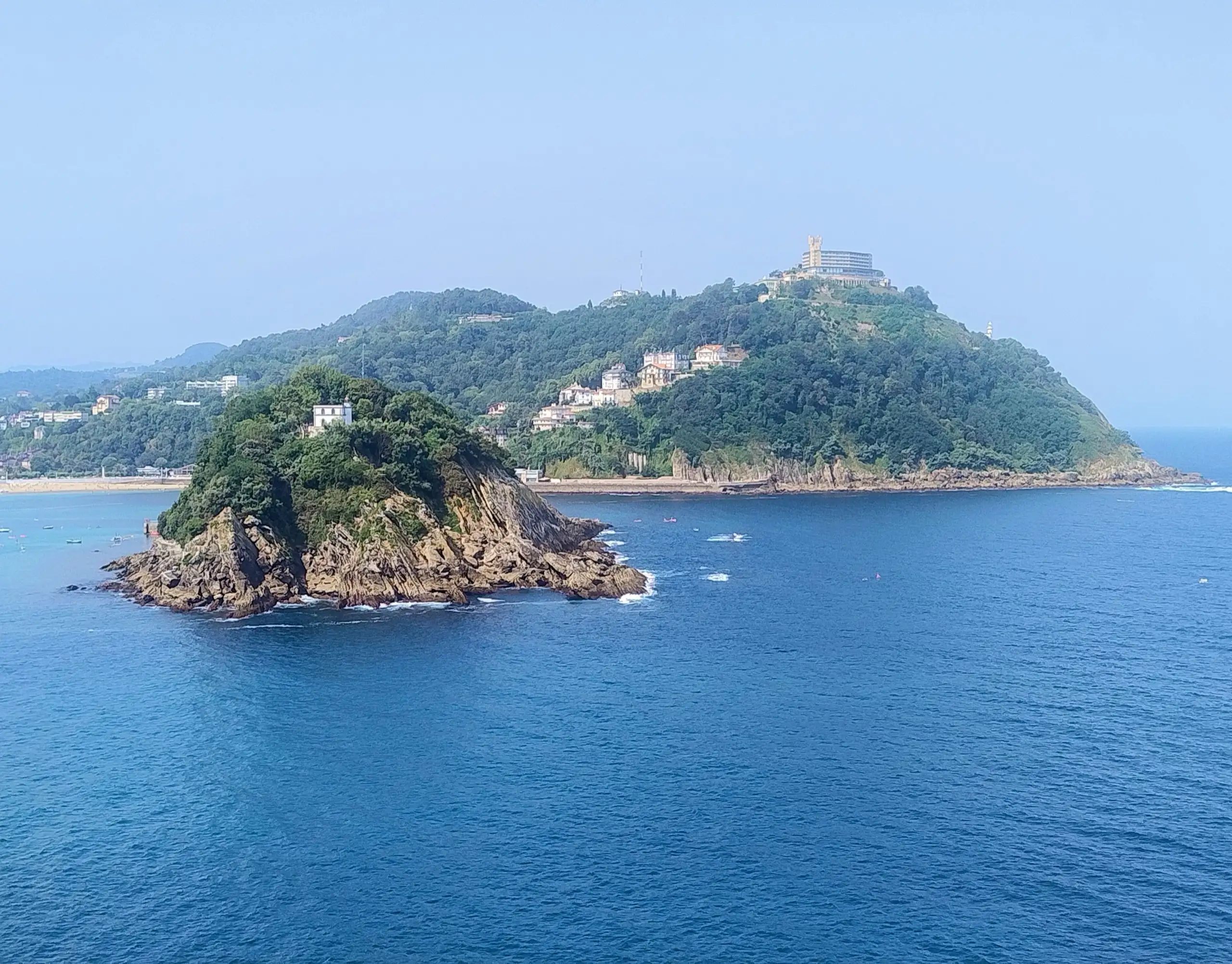 Santa Clara island and Monte Igueldo in La Concha bay, San Sebastián