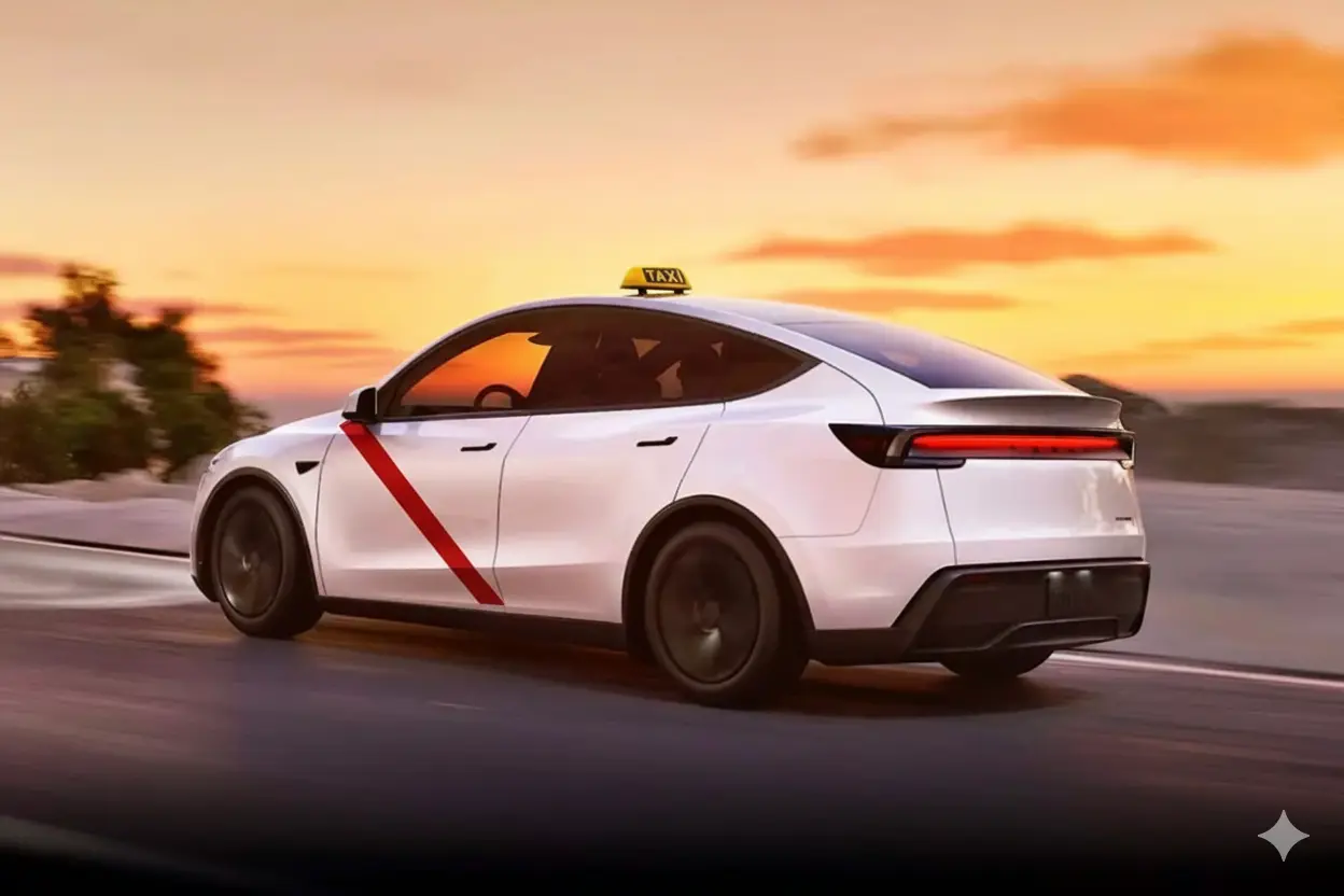 Tesla Model Y licensed Madrid taxi on the open road at sunset